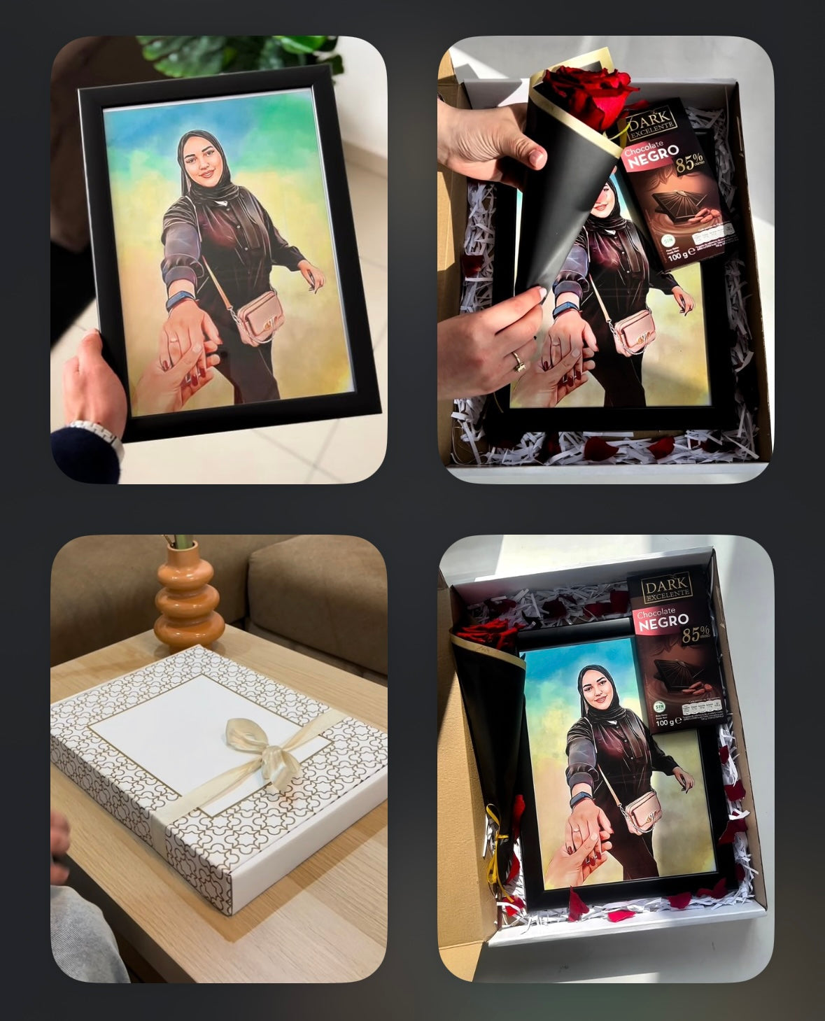لوحة بورتريه + شوكولاتة + وردة
